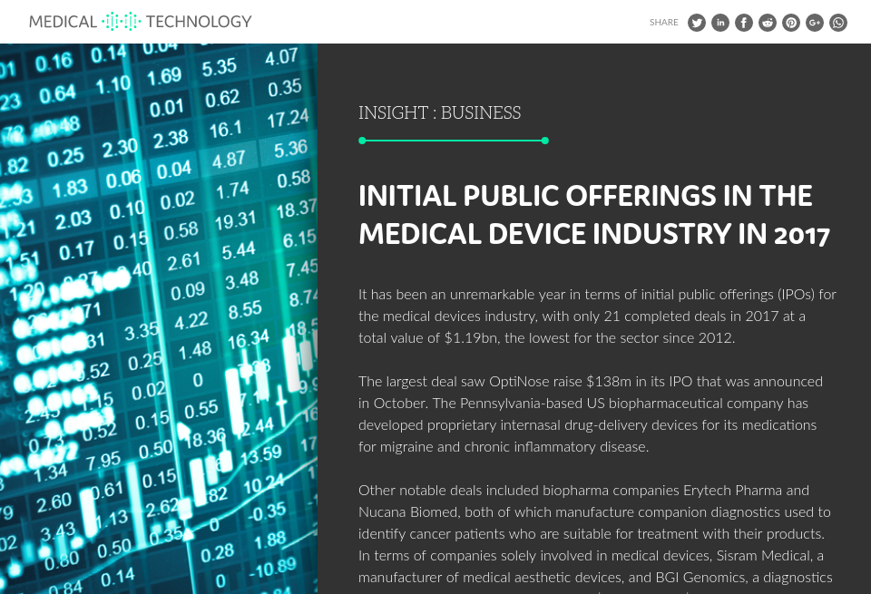 Initial public offerings in the medical device industry in 2017 ...