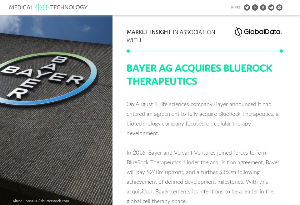 Bayer AG acquires BlueRock Therapeutics Medical Technology Issue 19